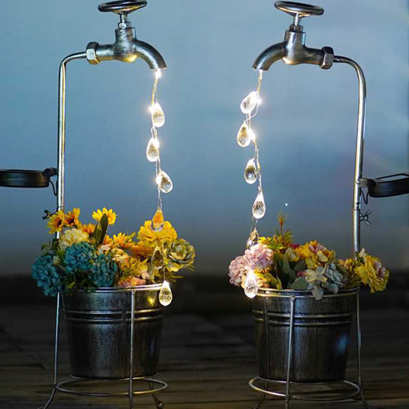 Modern Art Deco Solar Faucet Water Drops Flowing Water Planter Shape Iron LED Outdoor Light For Garden | Kalsten