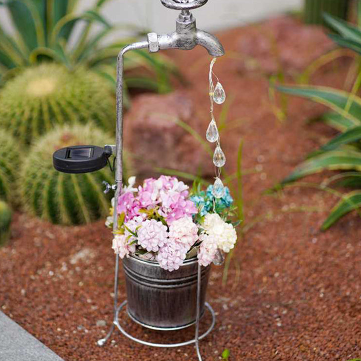 Modern Art Deco Solar Faucet Water Drops Flowing Water Planter Shape Iron LED Outdoor Light For Garden | Kalsten