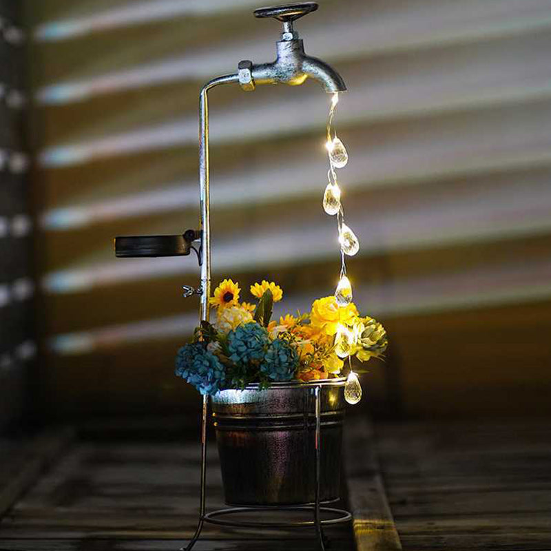 Modern Art Deco Solar Faucet Water Drops Flowing Water Planter Shape Iron LED Outdoor Light For Garden | Kalsten