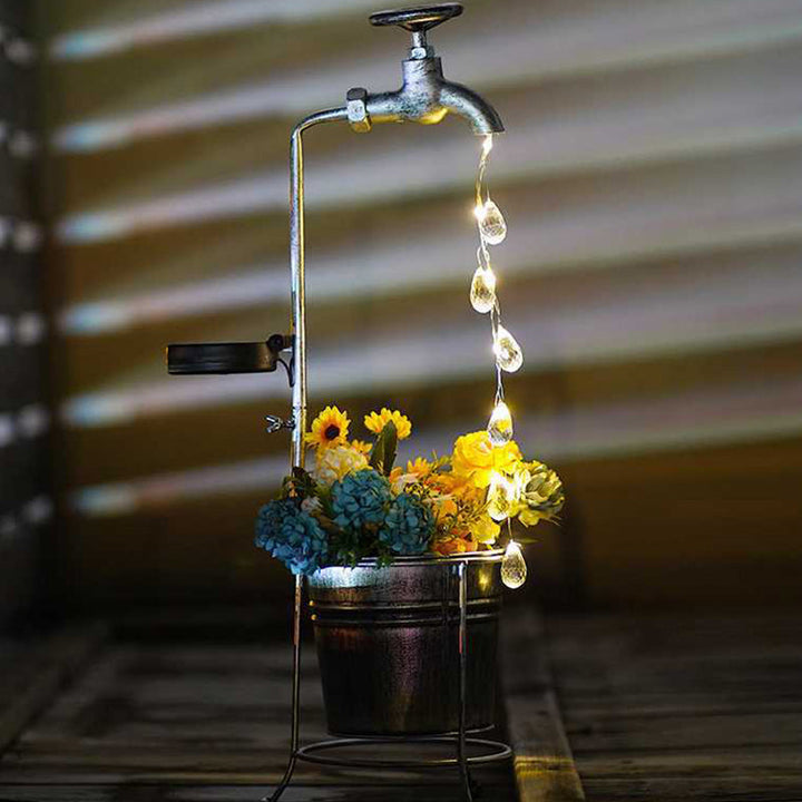 Modern Art Deco Solar Faucet Water Drops Flowing Water Planter Shape Iron LED Outdoor Light For Garden | Kalsten