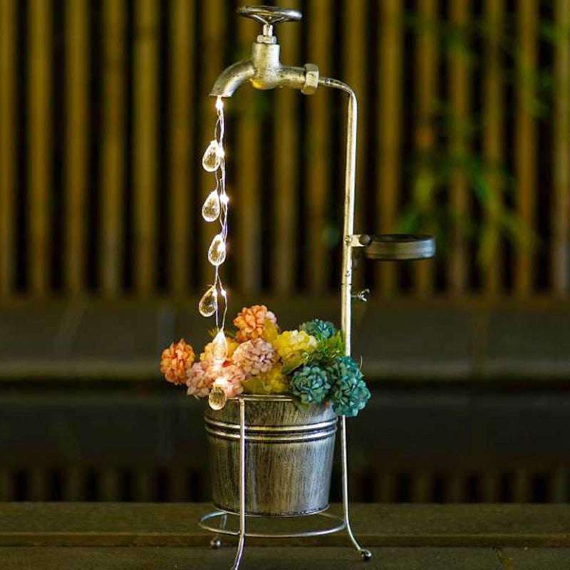 Modern Art Deco Solar Faucet Water Drops Flowing Water Planter Shape Iron LED Outdoor Light For Garden | Kalsten