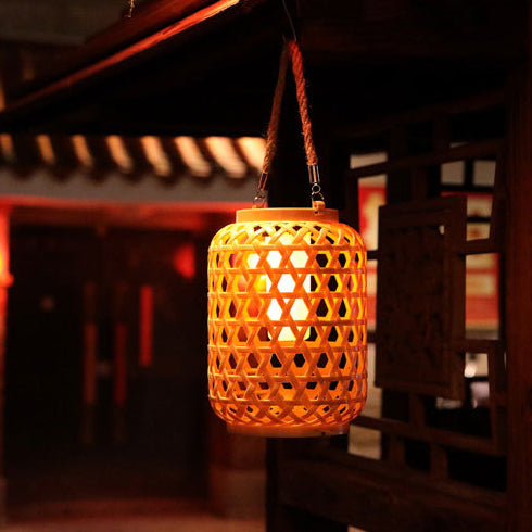 Modern Art Deco Solar Waterproof Imitation Rattan Woven Lantern Cylindrical Plastic LED Outdoor Light For Garden | Kalsten
