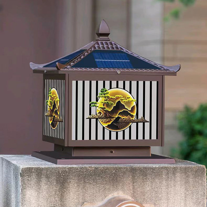 Traditional Chinese Solar Waterproof Aluminum PC Glass Pine Tree Square Cylinder LED Landscape Lighting Outdoor Light For Outdoor Patio | Kalsten