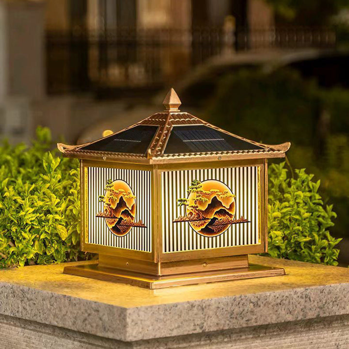 Traditional Chinese Solar Waterproof Aluminum PC Glass Pine Tree Square Cylinder LED Landscape Lighting Outdoor Light For Outdoor Patio | Kalsten