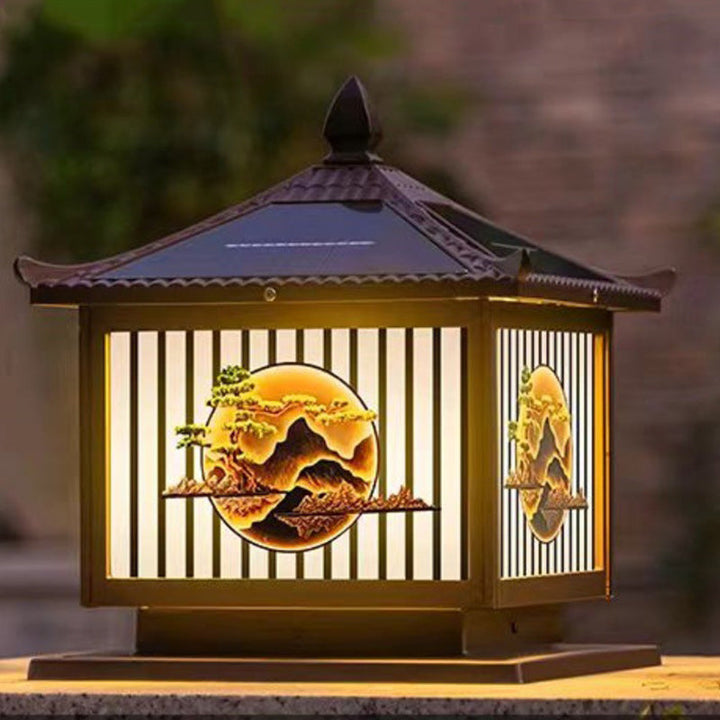 Traditional Chinese Solar Waterproof Aluminum PC Glass Pine Tree Square Cylinder LED Landscape Lighting Outdoor Light For Outdoor Patio | Kalsten