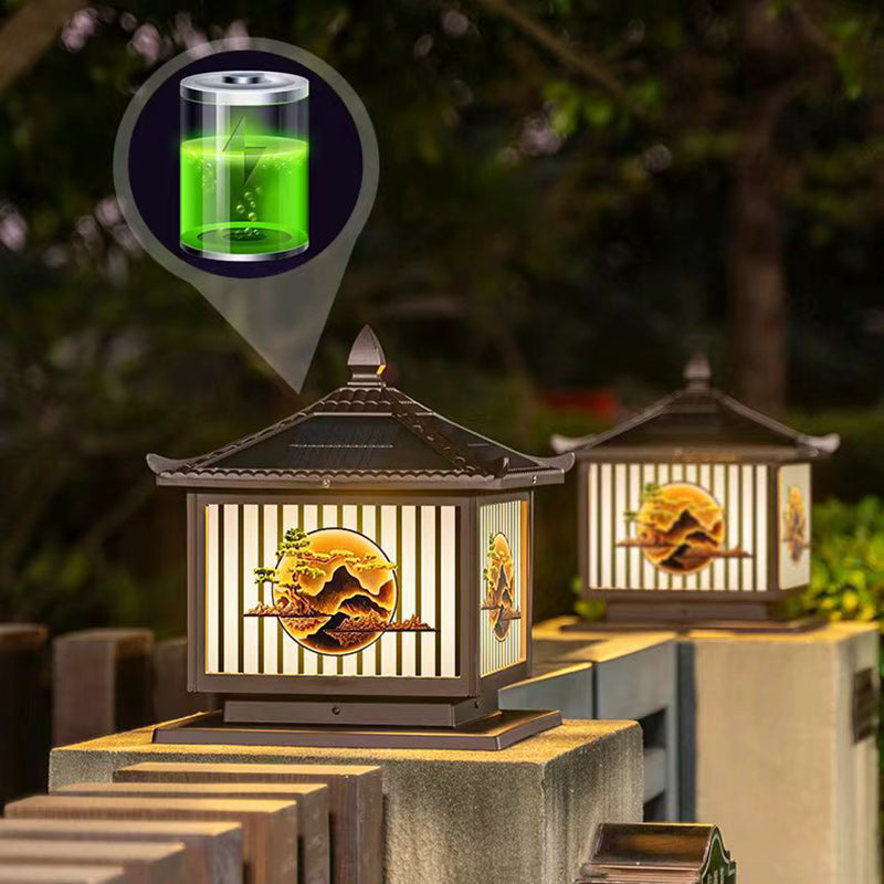 Traditional Chinese Solar Waterproof Aluminum PC Glass Pine Tree Square Cylinder LED Landscape Lighting Outdoor Light For Outdoor Patio | Kalsten