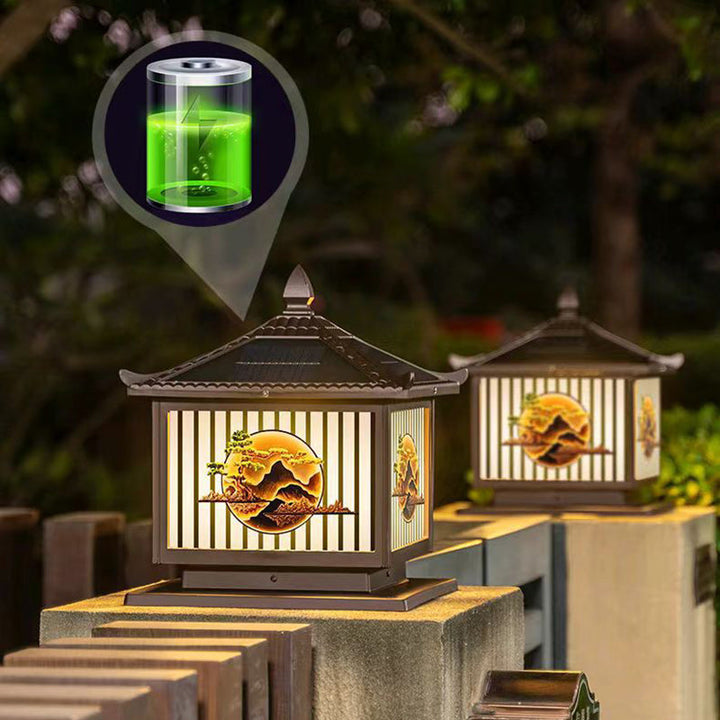 Traditional Chinese Solar Waterproof Aluminum PC Glass Pine Tree Square Cylinder LED Landscape Lighting Outdoor Light For Outdoor Patio | Kalsten