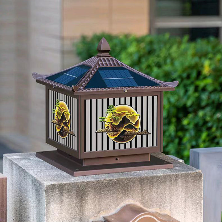 Traditional Chinese Solar Waterproof Aluminum PC Glass Pine Tree Square Cylinder LED Landscape Lighting Outdoor Light For Outdoor Patio | Kalsten