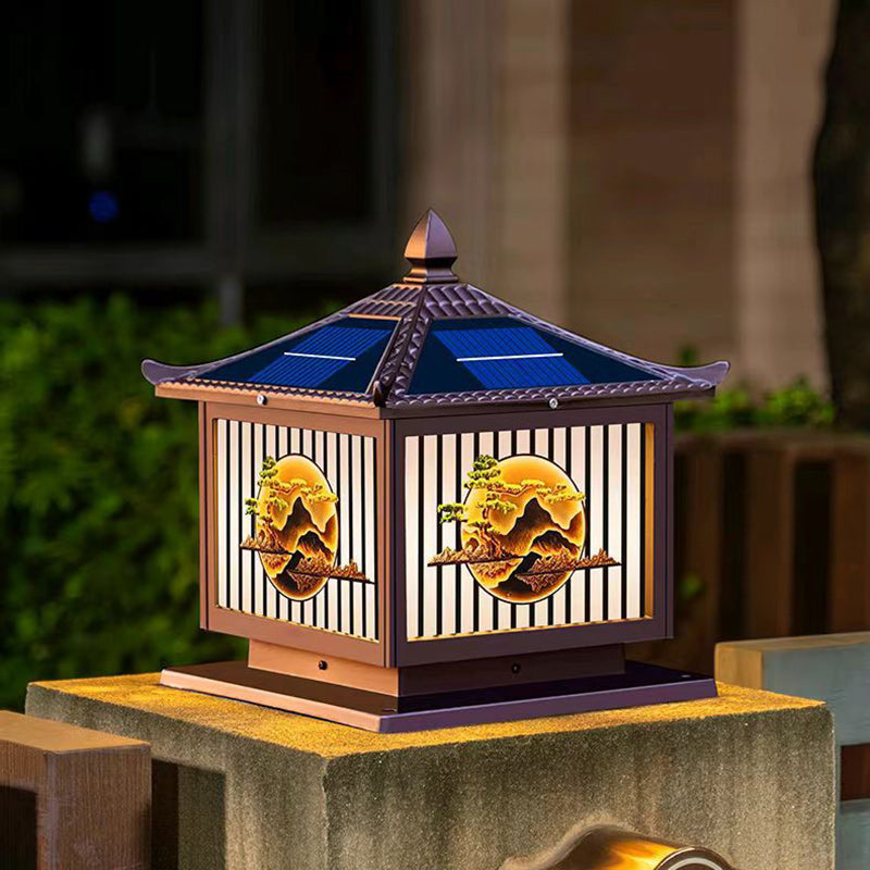 Traditional Chinese Solar Waterproof Aluminum PC Glass Pine Tree Square Cylinder LED Landscape Lighting Outdoor Light For Outdoor Patio | Kalsten