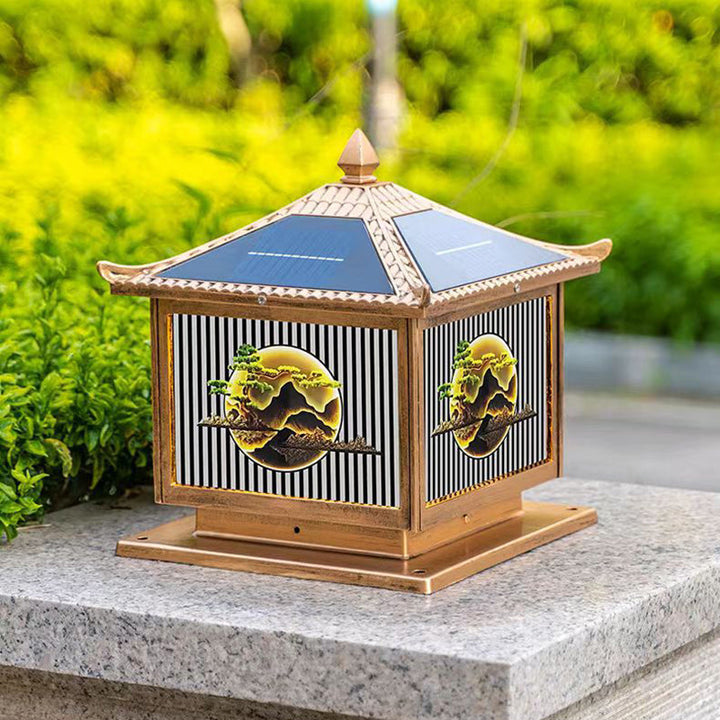 Traditional Chinese Solar Waterproof Aluminum PC Glass Pine Tree Square Cylinder LED Landscape Lighting Outdoor Light For Outdoor Patio | Kalsten