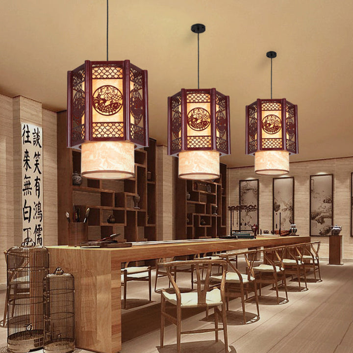 Kalsten | Traditional Chinese Wood-PVC Cylinder Lantern Carved Fish 1-Light Pendant Lamp for the Dining Room