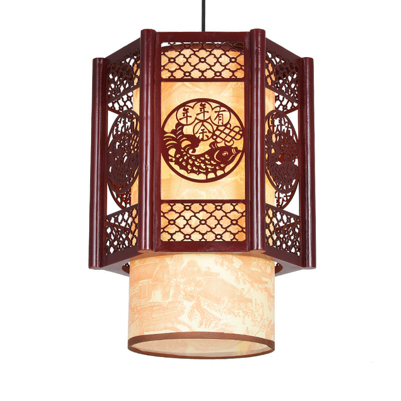 Kalsten | Traditional Chinese Wood-PVC Cylinder Lantern Carved Fish 1-Light Pendant Lamp for the Dining Room