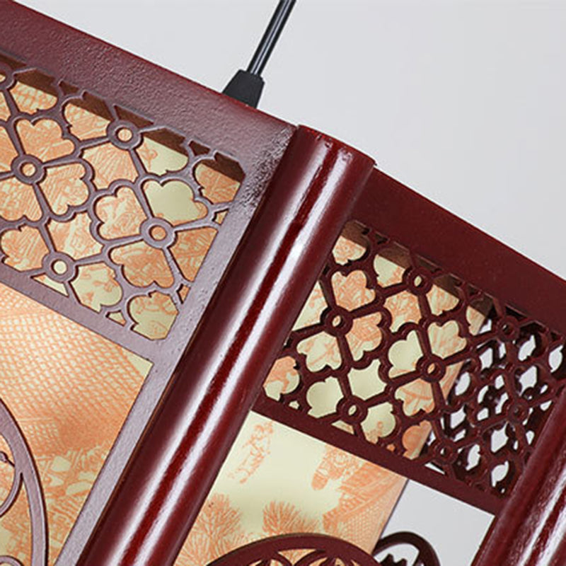 Kalsten | Traditional Chinese Wood-PVC Cylinder Lantern Carved Fish 1-Light Pendant Lamp for the Dining Room
