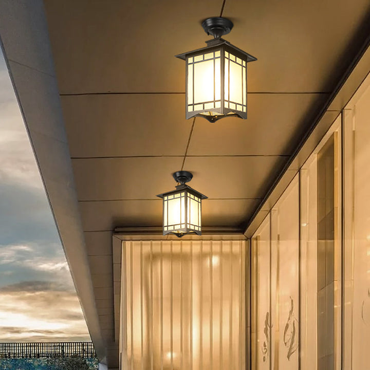 Traditional Chinese Waterproof Iron Aluminum Glass Cylinder Pergola 1-Light Semi-Flush Mount Ceiling Light Outdoor Light For Outdoor Patio | Kalsten