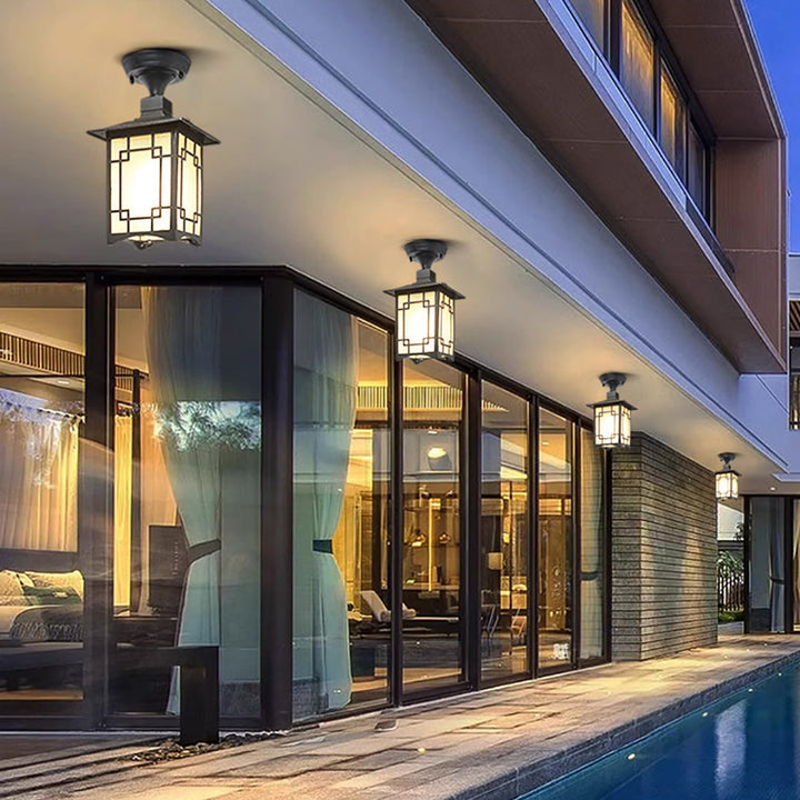 Traditional Chinese Waterproof Iron Aluminum Glass Cylinder Pergola 1-Light Semi-Flush Mount Ceiling Light Outdoor Light For Outdoor Patio | Kalsten