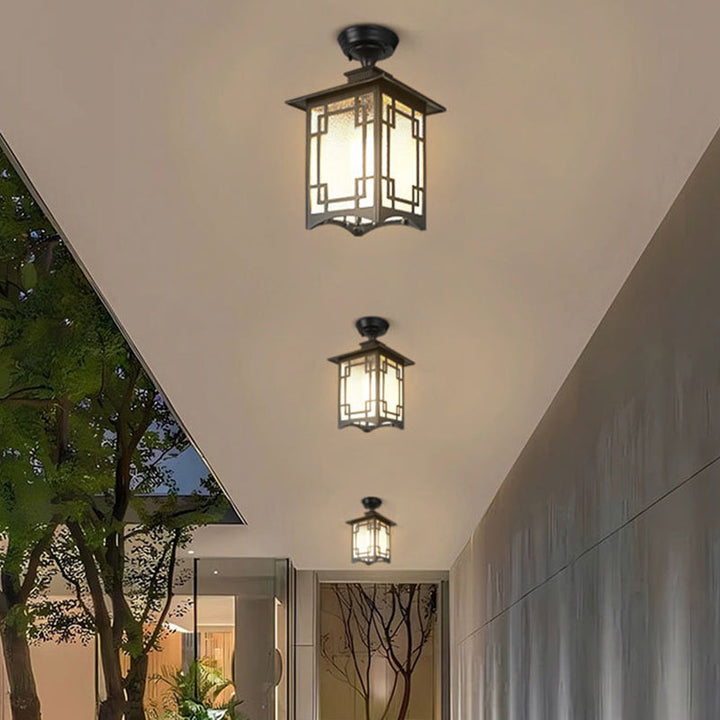 Traditional Chinese Waterproof Iron Aluminum Glass Cylinder Pergola 1-Light Semi-Flush Mount Ceiling Light Outdoor Light For Outdoor Patio | Kalsten