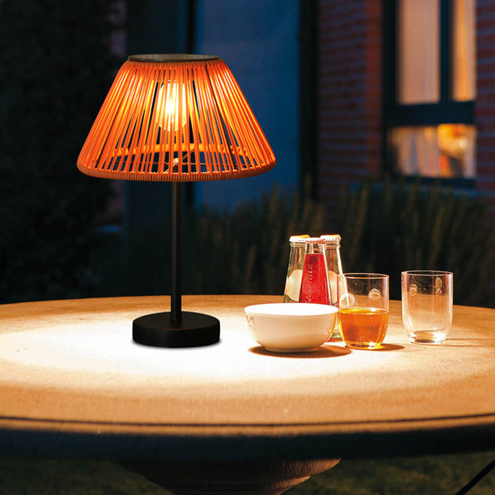 Traditional Farmhouse Waterproof Solar Rechargeable Weaving Gum Rattan Iron Conic LED Outdoor Table Lamp For Garden | Kalsten