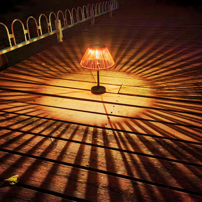Traditional Farmhouse Waterproof Solar Rechargeable Weaving Gum Rattan Iron Conic LED Outdoor Table Lamp For Garden | Kalsten
