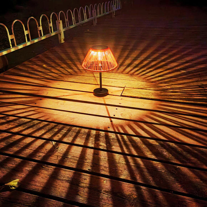 Traditional Farmhouse Waterproof Solar Rechargeable Weaving Gum Rattan Iron Conic LED Outdoor Table Lamp For Garden | Kalsten