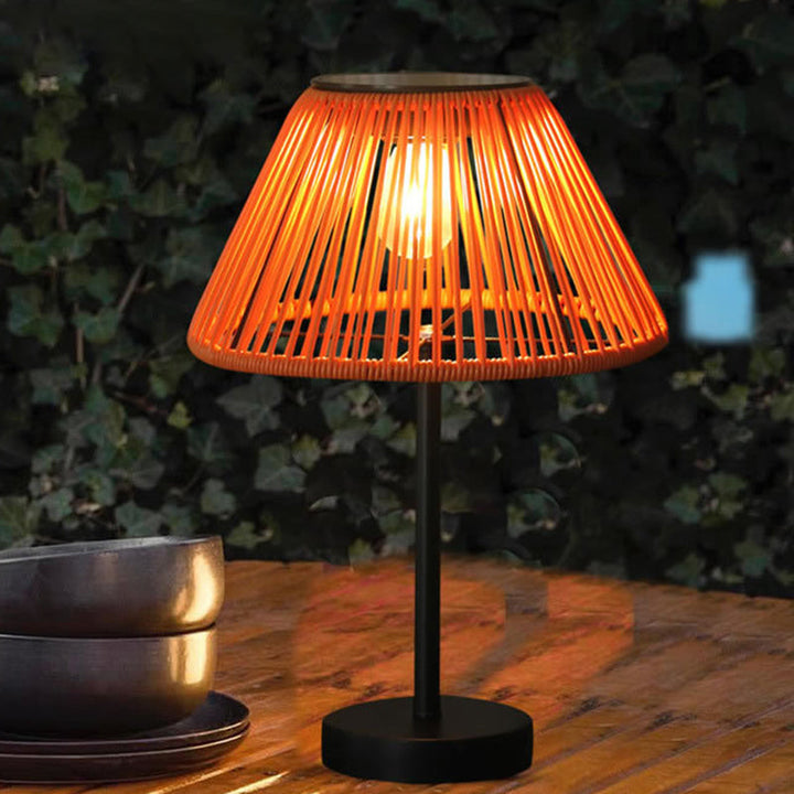 Traditional Farmhouse Waterproof Solar Rechargeable Weaving Gum Rattan Iron Conic LED Outdoor Table Lamp For Garden | Kalsten