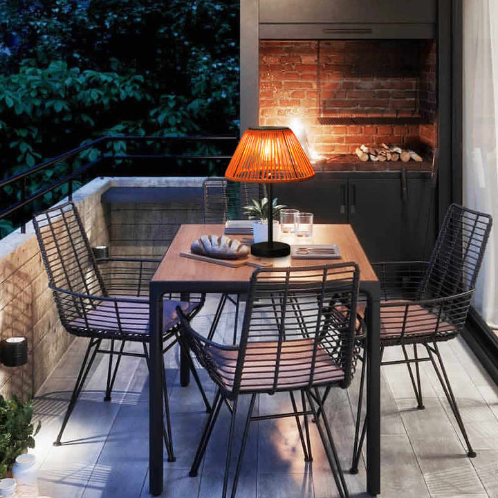 Traditional Farmhouse Waterproof Solar Rechargeable Weaving Gum Rattan Iron Conic LED Outdoor Table Lamp For Garden | Kalsten