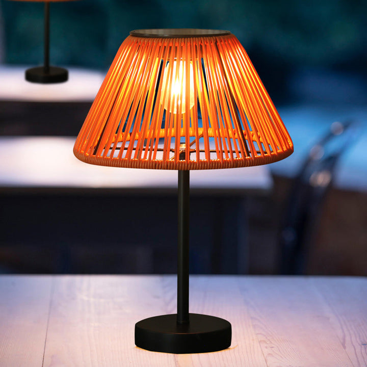 Traditional Farmhouse Waterproof Solar Rechargeable Weaving Gum Rattan Iron Conic LED Outdoor Table Lamp For Garden | Kalsten