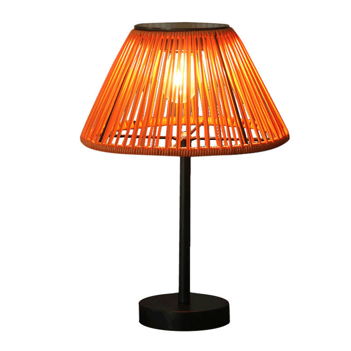 Traditional Farmhouse Waterproof Solar Rechargeable Weaving Gum Rattan Iron Conic LED Outdoor Table Lamp For Garden | Kalsten