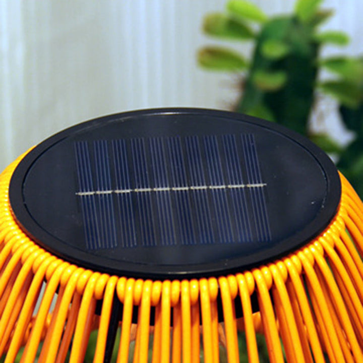 Traditional Farmhouse Waterproof Solar Rechargeable Weaving Gum Rattan Iron Conic LED Outdoor Table Lamp For Garden | Kalsten
