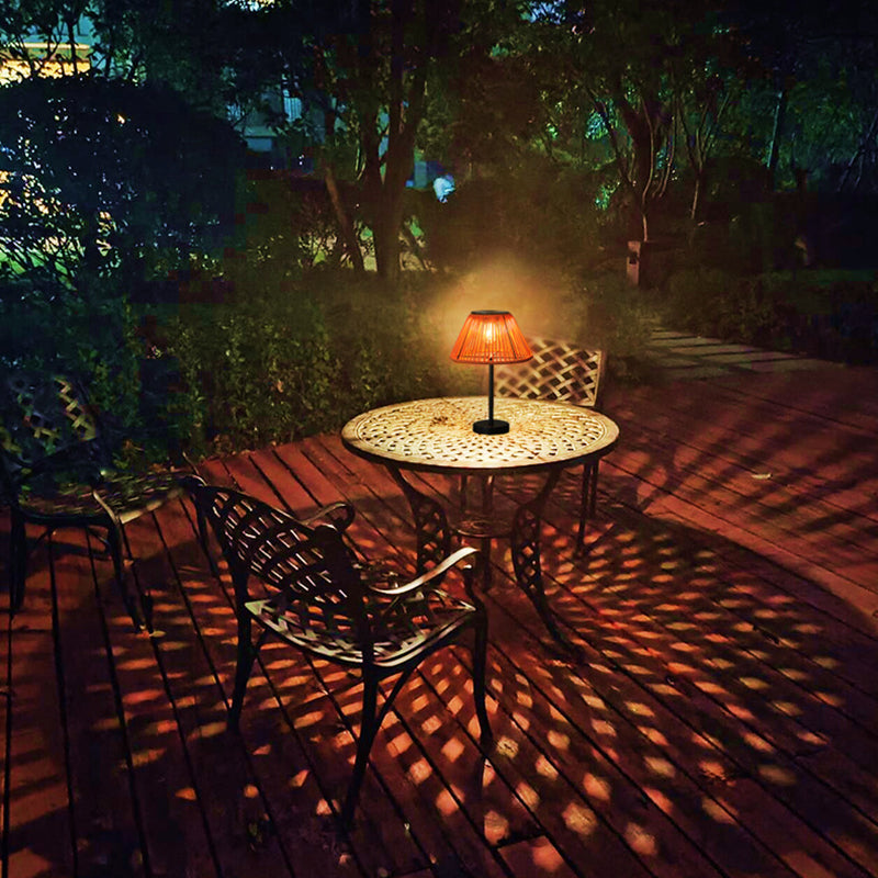 Traditional Farmhouse Waterproof Solar Rechargeable Weaving Gum Rattan Iron Conic LED Outdoor Table Lamp For Garden | Kalsten