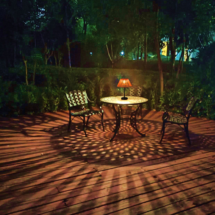 Traditional Farmhouse Waterproof Solar Rechargeable Weaving Gum Rattan Iron Conic LED Outdoor Table Lamp For Garden | Kalsten