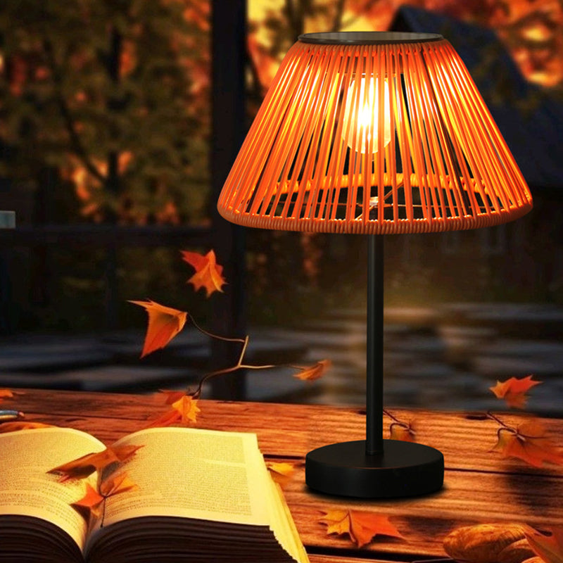 Traditional Farmhouse Waterproof Solar Rechargeable Weaving Gum Rattan Iron Conic LED Outdoor Table Lamp For Garden | Kalsten
