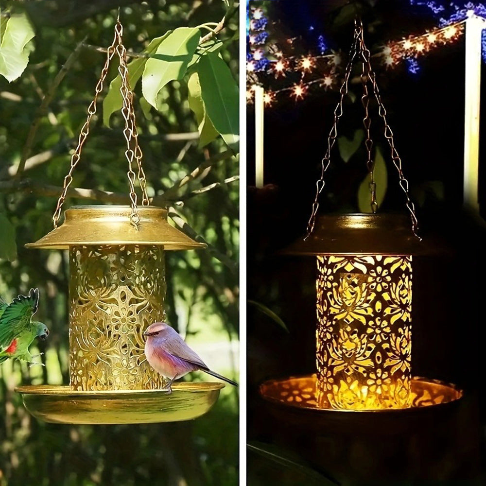 Contemporary Retro Solar Waterproof Iron Bird Feeder Hanging Hollowed Lantern LED Outdoor Light Landscape Lighting For Garden | Kalsten