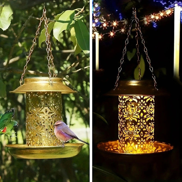 Contemporary Retro Solar Waterproof Iron Bird Feeder Hanging Hollowed Lantern LED Outdoor Light Landscape Lighting For Garden | Kalsten