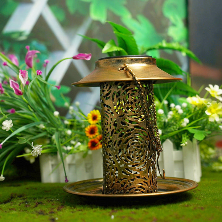 Contemporary Retro Solar Waterproof Iron Bird Feeder Hanging Hollowed Lantern LED Outdoor Light Landscape Lighting For Garden | Kalsten