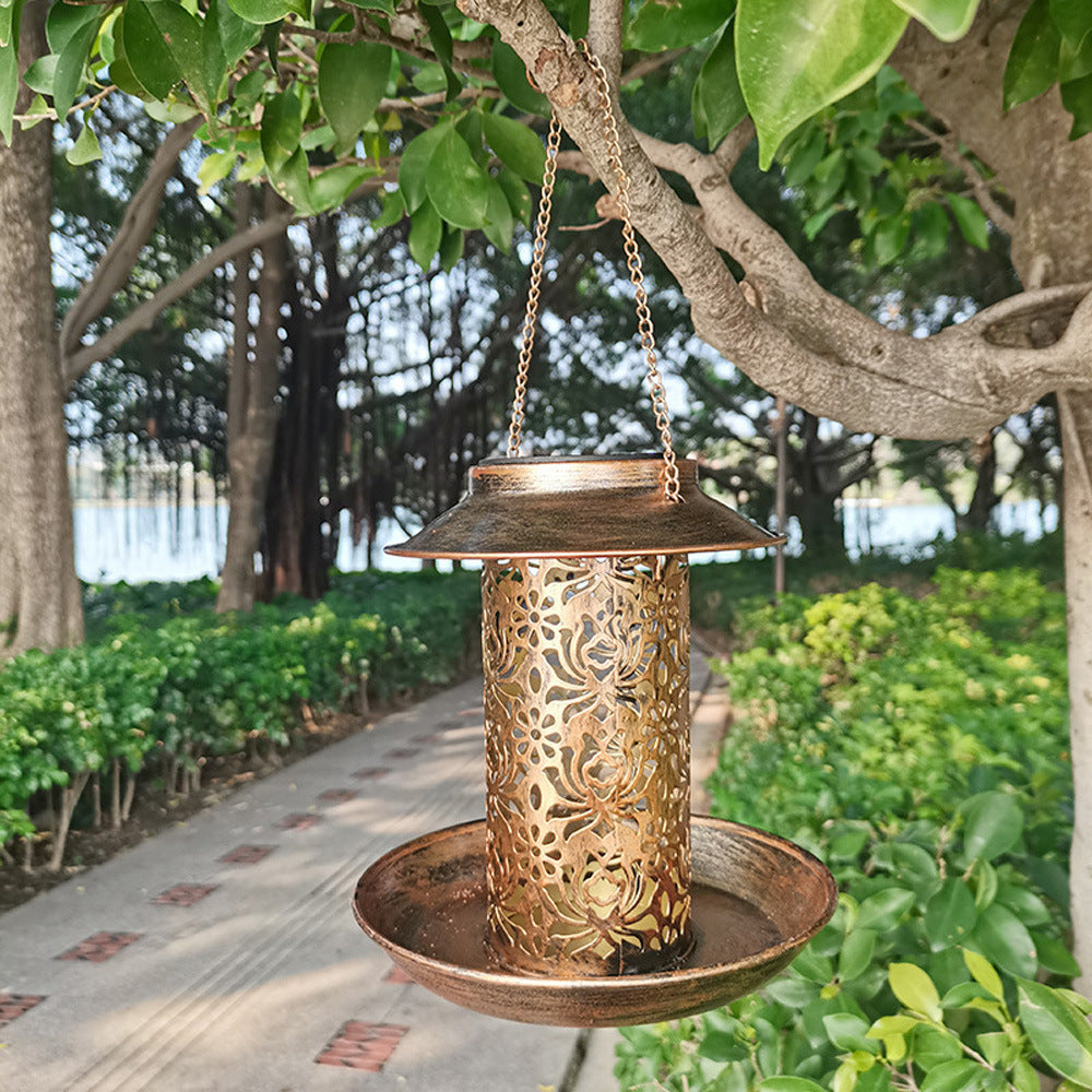 Contemporary Retro Solar Waterproof Iron Bird Feeder Hanging Hollowed Lantern LED Outdoor Light Landscape Lighting For Garden | Kalsten