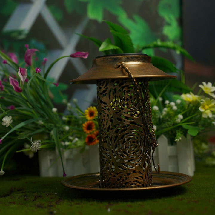 Contemporary Retro Solar Waterproof Iron Bird Feeder Hanging Hollowed Lantern LED Outdoor Light Landscape Lighting For Garden | Kalsten