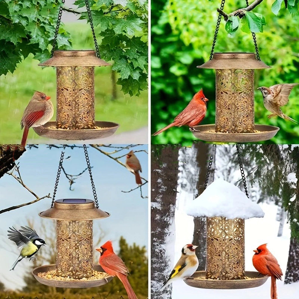 Contemporary Retro Solar Waterproof Iron Bird Feeder Hanging Hollowed Lantern LED Outdoor Light Landscape Lighting For Garden | Kalsten