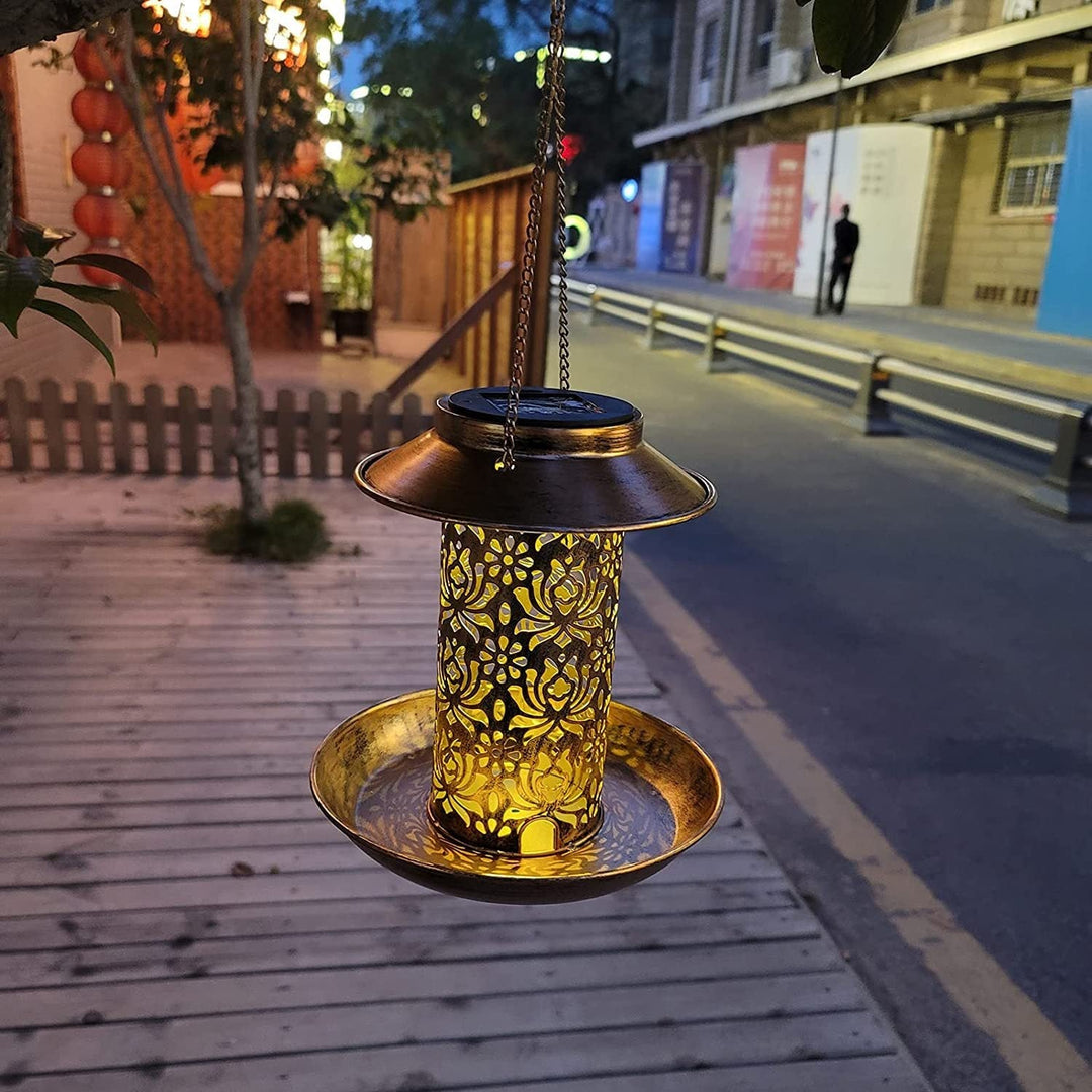 Contemporary Retro Solar Waterproof Iron Bird Feeder Hanging Hollowed Lantern LED Outdoor Light Landscape Lighting For Garden | Kalsten