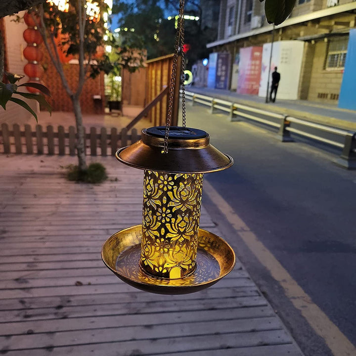 Contemporary Retro Solar Waterproof Iron Bird Feeder Hanging Hollowed Lantern LED Outdoor Light Landscape Lighting For Garden | Kalsten