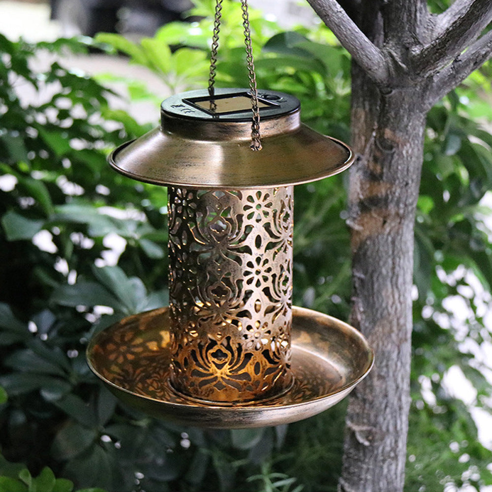 Contemporary Retro Solar Waterproof Iron Bird Feeder Hanging Hollowed Lantern LED Outdoor Light Landscape Lighting For Garden | Kalsten