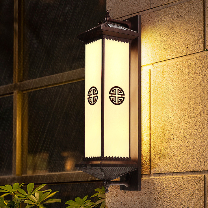 Traditional Chinese Solar Waterproof ABS Aluminum Glass Rectangular Happiness Wealth Pattern LED Wall Sconce Lamp For Outdoor Patio | Kalsten