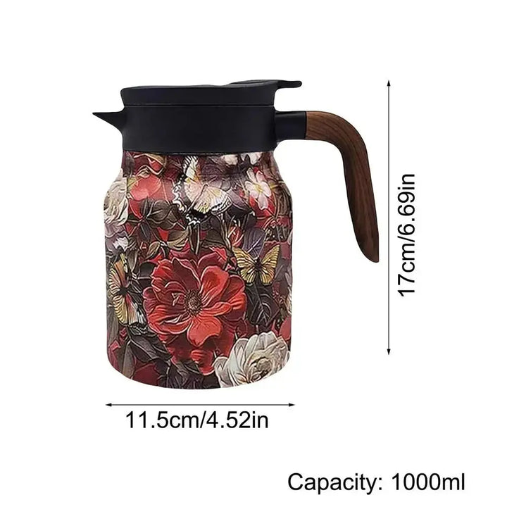 Kalsten | Floral Stainless Steel Teapot with Strainer - 1000ml Vintage Elegance