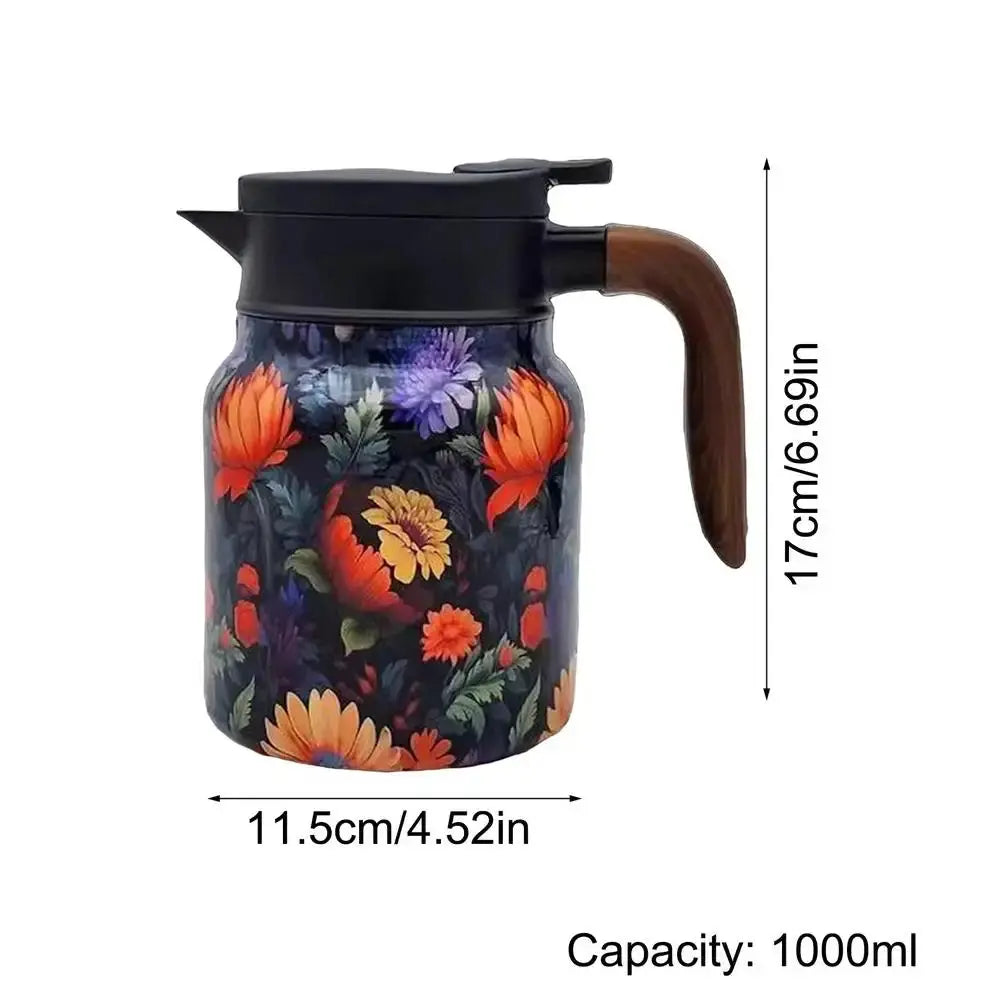 Kalsten | Floral Stainless Steel Teapot with Strainer - 1000ml Vintage Elegance