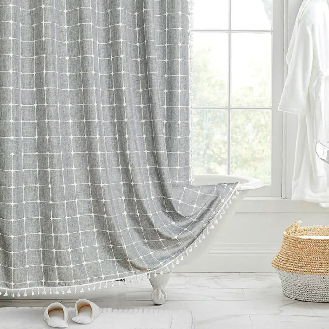 Boho-style linen shower curtain with tassels and waterproof design