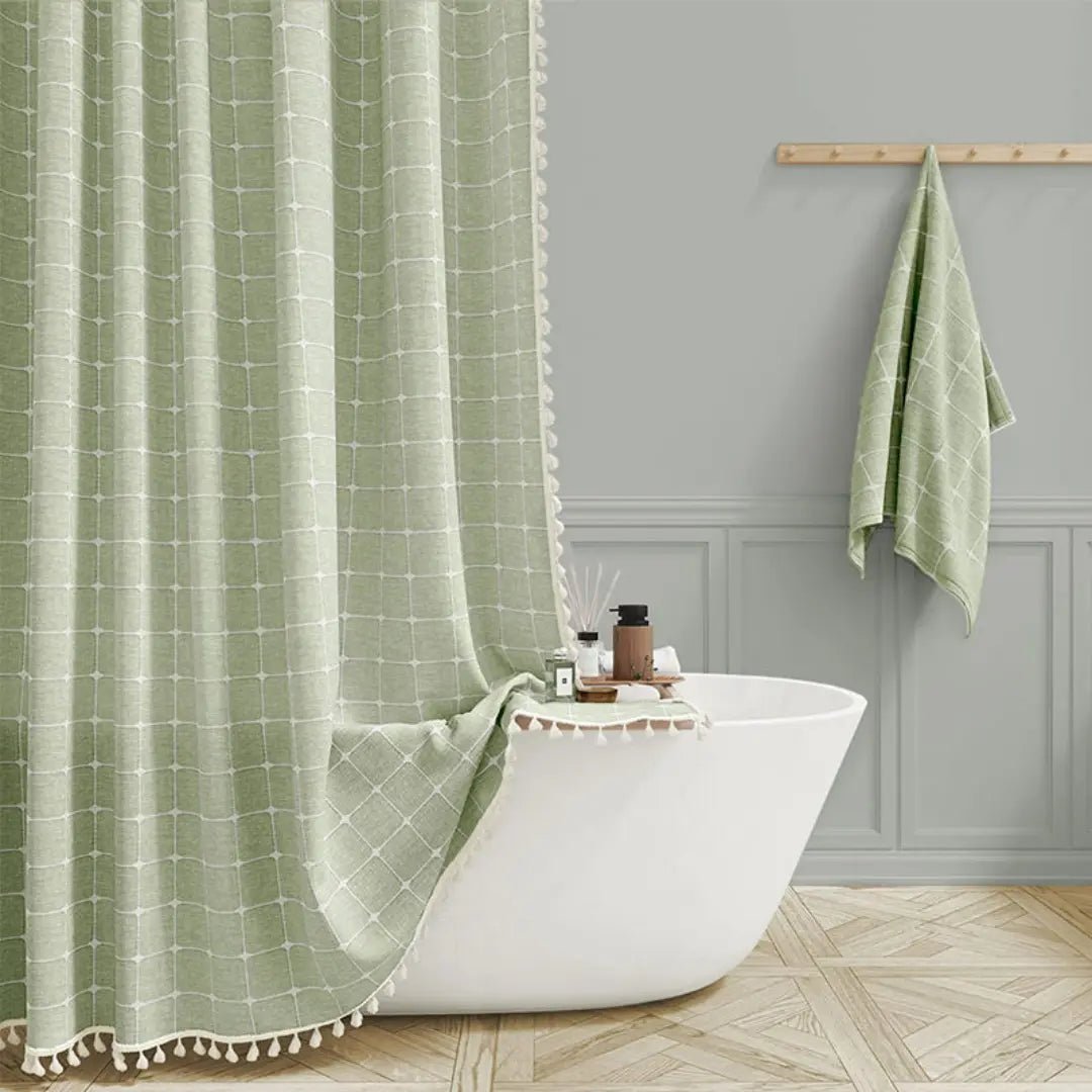 Boho-style linen shower curtain with tassels and waterproof design