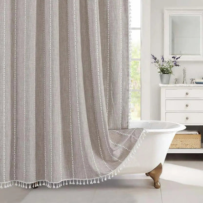 Boho-style linen shower curtain with tassels and waterproof design