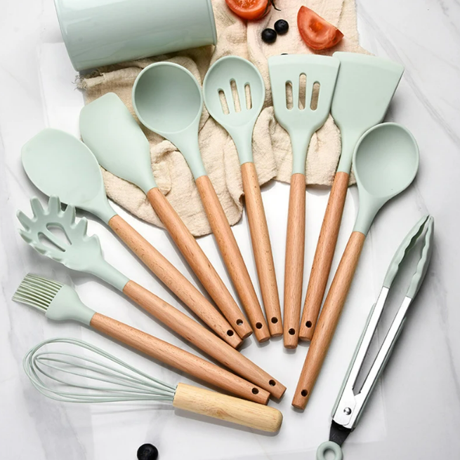 Kalsten | Non-Toxic BPA-Free Silicone Cooking Utensil Set with Wooden Handles Lattea
