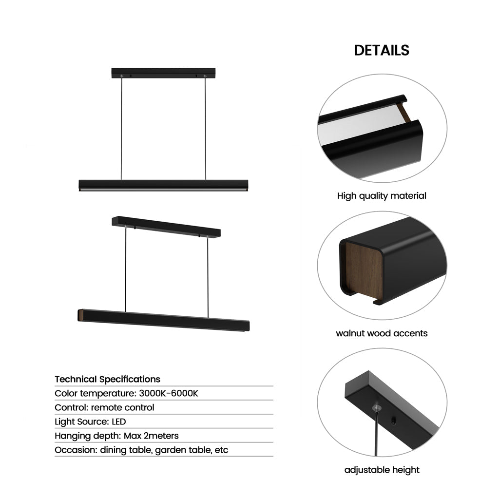 Pendant Light Aluminum Walnut Linear 31.5 in Adjustable Dining Table Kitchen Island Hanging Lamp Stepless Dimmable Modern Design | Kalsten