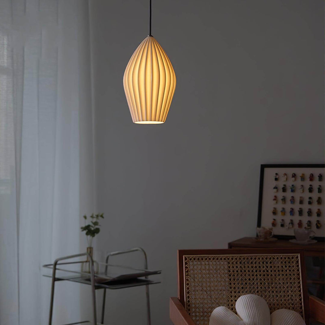 Pendant Light Ribbed Ceramic 5.1 in White Dining Room Hanging Ceiling Fixture E14 Modern Minimalist Kitchen Island Lighting | Kalsten