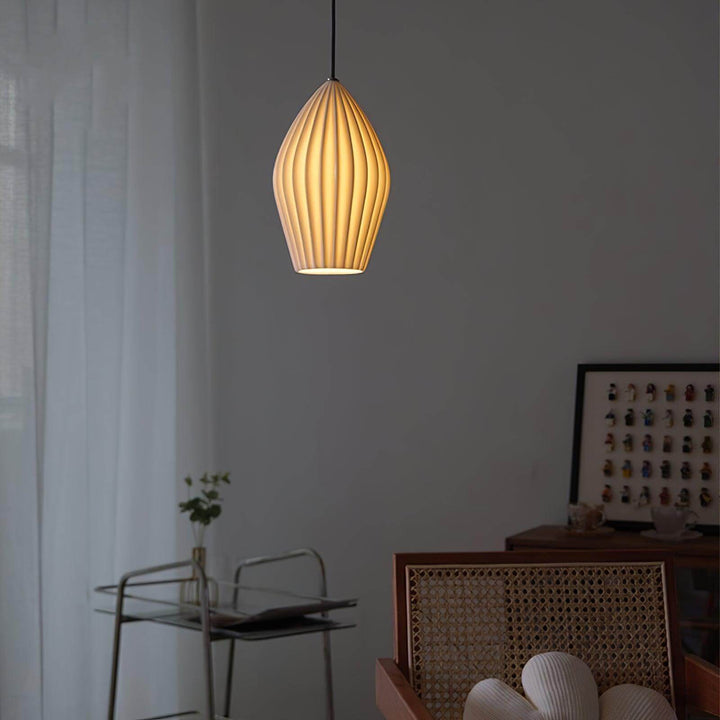 Pendant Light Ribbed Ceramic 5.1 in White Dining Room Hanging Ceiling Fixture E14 Modern Minimalist Kitchen Island Lighting | Kalsten